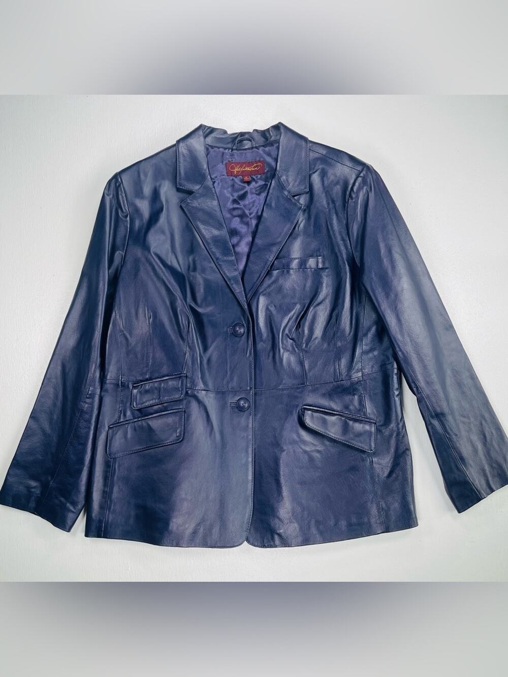 Vintage Dark Purple Leather Blazer Sz 1X Hal Rubenstein Pockets Fitted Tailored